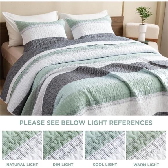 California King Quilt Set Sage Green - Cal King Oversized Stripe Comforter - Picture 15 of 16